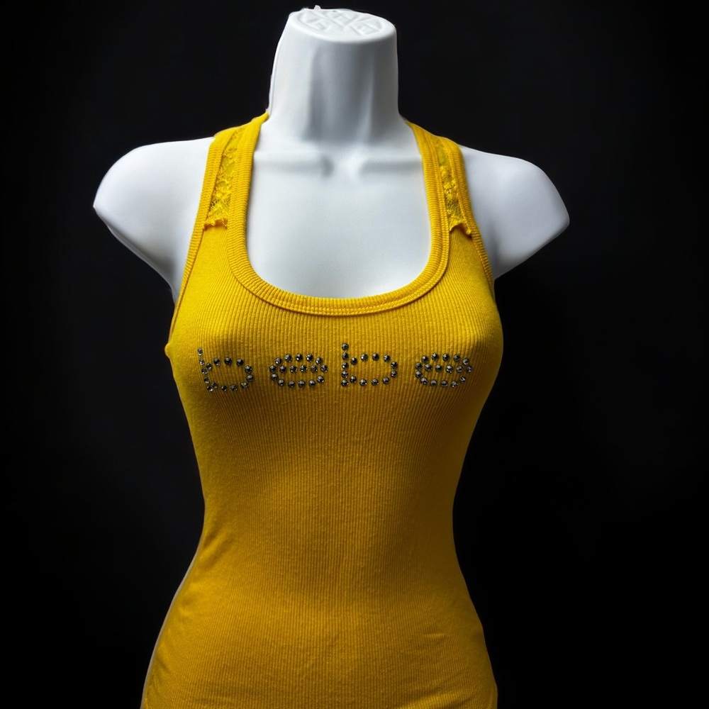 Bebe Rhinestone Logo Yellow Tank